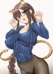  1girl animal_ears bangs blue_shirt blush braid braided_ponytail breasts brown_eyes brown_hair brown_pants claw_pose cleavage collarbone covered_navel earrings fake_animal_ears fate/grand_order fate_(series) glasses highres jewelry large_breasts long_hair long_sleeves looking_at_viewer multiple_earrings naha78 open_mouth pants ribbed_shirt shirt single_braid tail tiger_ears tiger_stripes tiger_tail tight tight_pants very_long_hair yu_mei-ren_(fate) 