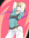  1boy arms_up blonde_hair blue_shirt caesar_anthonio_zeppeli chest_protector facial_mark feather_hair_ornament feathers fingerless_gloves gloves hair_ornament headband highres jojo_no_kimyou_na_bouken male_focus shirt solo t-shirt triangle_print 