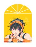  1boy :3 black_hair food fruit headband highres holding holding_food holding_fruit jojo_no_kimyou_na_bouken kogatarou male_focus narancia_ghirga orange_(fruit) purple_eyes solo steepled_fingers wristband 