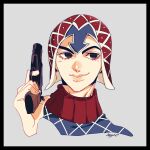  1boy argyle argyle_sweater black_eyes black_hair guido_mista gun hat highres holding holding_gun holding_weapon jojo_no_kimyou_na_bouken kogatarou revolver solo sweater turtleneck vento_aureo weapon 