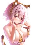  1girl absurdres alternate_costume animal_ears animal_print azur_lane blush breasts cat_ears classic_(zildjian33) fake_animal_ears fake_tail highres large_breasts looking_at_viewer pink_hair pulled_by_self red_eyes short_hair simple_background sirius_(azur_lane) solo strap_pull string_bikini swimsuit tail tiger_print white_background 