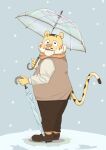  2022 anthro bottomwear clothing felid hi_res humanoid_hands kemono male mammal outside panda_po pantherine pants pink_nose scarf slightly_chubby snow snowing solo sweater tiger topwear umbrella yellow_body 