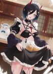  1girl :p apron azur_lane bangs black_hair black_skirt blue_hair blurry blurry_background breasts cat_hair_ornament cirilla_lin cowboy_shot detached_collar eyebrows_visible_through_hair frilled_skirt frills hair_between_eyes hair_ornament highres horns indoors jacket long_sleeves looking_at_viewer maid maid_headdress manjuu_(azur_lane) medium_breasts multicolored_hair o-ring off_shoulder official_alternate_costume open_clothes open_jacket piercing puffy_short_sleeves puffy_sleeves short_hair short_sleeves skirt skirt_basket solo standing streaked_hair tongue tongue_out tongue_piercing ulrich_von_hutten_(azur_lane) ulrich_von_hutten_(mayhem_maid)_(azur_lane) white_apron x_hair_ornament yellow_eyes 