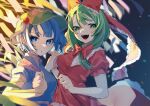  2girls :d :o bangs blue_eyes blue_hair blue_shirt bow breasts front_ponytail green_eyes green_hair green_headwear hair_bow hair_ribbon hat highres holding holding_hands kagiyama_hina kappa kappa_mame kawashiro_nitori long_hair looking_at_viewer medium_breasts multiple_girls open_mouth ribbon shirt short_hair skirt smile touhou twintails yuri 