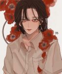  1boy anemone_(flower) bishounen bob_cut brown_eyes buttons closed_mouth collared_shirt commentary_request constricted_pupils flower hair_between_eyes highres kagoya1219 looking_at_viewer male_focus original red_flower sanpaku shirt short_sleeves signature simple_background solo upper_body white_background white_shirt 