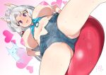  1girl animal_ears ass ball bangs blue_bra blush bra breasts breasts_apart crotch denim denim_shorts dutch_angle exercise_ball fox_ears from_below full-face_blush hair_ornament high_ponytail large_breasts long_hair looking_at_viewer looking_down navel open_clothes open_fly open_mouth open_shorts parted_bangs pasties purple_eyes rkrk short_shorts shorts sidelocks silver_hair solo spread_legs sweat touhoku_itako underwear very_long_hair voiceroid 
