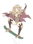  1girl arms_up ass_visible_through_thighs bikini blonde_hair breasts cape cleavage cleavage_cutout clothing_cutout fire_emblem fire_emblem_fates grey_eyes hayato_stuff highres long_hair looking_down ollie_(skateboarding) ophelia_(fire_emblem) panties red_cape skateboard swimsuit translucent two-tone_cape underwear white_background yellow_bikini yellow_cape yellow_panties 