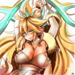  1girl arms_up at2. blonde_hair blue_eyes breasts cleavage covered_nipples eyebrows_visible_through_hair large_breasts long_hair looking_at_viewer puzzle_&amp;_dragons sakuya_(p&amp;d) solo upper_body very_long_hair 