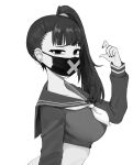  1girl bangs blue_archive blunt_bangs crop_top from_side greyscale jorin long_hair looking_at_viewer looking_to_the_side mask monochrome mouth_mask sailor_collar shirt side_ponytail simple_background solo sukeban sukeban_(smg)_(blue_archive) upper_body white_background 