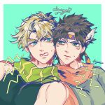  2boys battle_tendency blonde_hair brown_hair caesar_anthonio_zeppeli color_switch facial_mark feather_hair_ornament feathers fingerless_gloves gloves green_eyes grimace hair_ornament headband highres jojo_no_kimyou_na_bouken joseph_joestar joseph_joestar_(young) kogatarou male_focus multiple_boys palette_swap scarf striped striped_scarf sweat triangle_print 