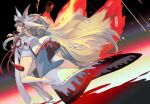  1girl animal_ear_fluff animal_ears bangs barefoot beast_iv:l blonde_hair blood breasts commentary_request crown extra_ears eyebrows_visible_through_hair fangs fate/grand_order fate_(series) fingernails fire floating fox_ears fox_girl fox_tail full_body fur-trimmed_kimono fur_trim hair_ornament hair_ribbon highres japanese_clothes kimono kitsune koyanskaya_(fate) lack large_breasts legs long_hair looking_at_viewer looking_to_the_side meteor_shower multiple_tails open_mouth red_nails red_ribbon ribbon rock rope sharp_fingernails shimenawa smile solo tail talisman tamamo_(fate) tongue very_long_hair white_kimono yellow_eyes 
