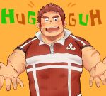  &gt;_o 1boy :d bara beckoning blush brown_hair collared_shirt facial_hair gunzo_(housamo) guruton_(yogret_kai) highres incoming_hug male_focus muscular muscular_male one_eye_closed outstretched_hand pectorals reaching_out red_shirt rugby_uniform scar scar_on_arm shirt short_hair sideburns smile solo spiked_hair sportswear stubble thick_eyebrows tokyo_afterschool_summoners upper_body 