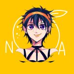  1boy black_hair character_name food fruit headband jojo_no_kimyou_na_bouken kogatarou male_focus namesake narancia_ghirga orange_(fruit) orange_lips purple_eyes smile solo vento_aureo 