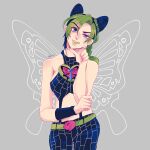  1girl blue_eyes braid butterfly_ornament butterfly_wings chin_stroking double_bun green_hair green_lips hair_cones highres jojo_no_kimyou_na_bouken jojo_pose kogatarou kujo_jolyne lipstick makeup multicolored_hair pose solo spider_web_print stone_ocean two-tone_hair wings 