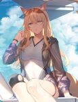  1girl animal_ears arknights blonde_hair breasts eyewear_on_head hand_up horse_ears horse_girl horse_tail long_hair looking_at_viewer medium_breasts nearl_(arknights) nearl_(shimmering_dew)_(arknights) official_art open_clothes see-through sitting solo sunglasses swimsuit tail thighs toosaka_asagi white_swimsuit wristband yellow_eyes 