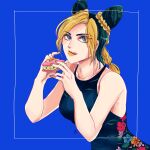  1girl black_hair blonde_hair blue_eyes braid double_bun floral_print hair_cones highres jojo_no_kimyou_na_bouken kogatarou kujo_jolyne licking_lips lipstick makeup multicolored_hair orange_hair orange_lips orange_nails solo stone_ocean taco tank_top tongue tongue_out two-tone_hair 