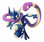  animal_focus bluekomadori bright_pupils closed_eyes commentary ekans english_commentary greninja highres pokemon pokemon_(creature) purple_eyes simple_background smile snake white_background white_pupils 