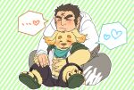 2boys animal_ears bara blush cross_scar cu_sith_(housamo) dog_boy dog_ears full_body furry furry_with_non-furry heart highres holding_hands houzouin_oniwaka interlocked_fingers interspecies long_sideburns male_focus mature_male multiple_boys norrie_(noll423z) scar scar_on_face scar_on_forehead short_hair sideburns thick_eyebrows tokyo_afterschool_summoners yaoi 