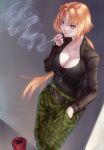  1girl bangs belt black_belt black_tank_top blonde_hair breasts camouflage camouflage_pants cigarette cleavage commission ellen_aice from_above hair_ornament hairclip highres leaning_back long_hair looking_at_viewer low_ponytail medium_breasts muvluv muvluv_alternative muvluv_unlimited:_the_day_after pants parted_bangs purple_eyes skeb_commission smoke smoking solo tank_top yama_i 
