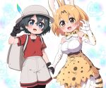  2girls :3 animal_ears backpack bag bare_shoulders black_gloves black_hair black_legwear blonde_hair blue_eyes blush bow bowtie cat_ears cat_girl cat_tail claw_pose commentary_request cowboy_shot elbow_gloves extra_ears eyebrows_visible_through_hair fang gloves grey_shorts hat_feather helmet high-waist_skirt highres holding holding_weapon kaban_(kemono_friends) kemono_friends looking_at_viewer multiple_girls open_mouth pantyhose pith_helmet print_bow print_bowtie print_gloves print_legwear print_skirt ransusan red_shirt serval_(kemono_friends) serval_print shirt short_hair short_sleeves shorts skirt sleeveless t-shirt tail thighhighs weapon white_shirt yellow_eyes zettai_ryouiki 