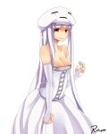  1girl at2. bangs bare_shoulders blunt_bangs breasts cleavage collarbone dress elbow_gloves fingerless_gloves ghast gloves highres large_breasts long_hair looking_at_viewer minecraft mole mole_under_eye off-shoulder_dress off_shoulder personification red_eyes solo white_dress white_gloves white_hair 