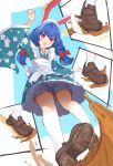  ! !! 1girl alternate_costume animal_ears banana_peel bloomers blue_hair blush d: from_below highres loafers long_hair low_twintails maid_headdress open_mouth pink_eyes rabbit_ears seiran_(touhou) shoes simple_background slipping solarisu solo touhou twintails underwear upskirt wa_maid wide_sleeves 