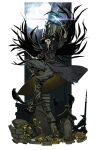  1girl absurdres bird black_headwear blade_of_mercy bloodborne boots building cloak coat crow dual_wielding eileen_the_crow feather-trimmed_coat full_moon hat highres holding holding_weapon long_coat mask moon outdoors pants plague_doctor_mask solo taisowbukurow weapon 