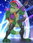  2022 absurd_res alligator alligatorid anthro balls big_penis bracelet clothing crocodilian digital_media_(artwork) erection eyewear fingerless_gloves five_nights_at_freddy&#039;s five_nights_at_freddy&#039;s:_security_breach genitals glasses gloves green_body guitar handwear hi_res humanoid_genitalia humanoid_penis jewelry legwear lykansden male mohawk montgomery_gator_(fnaf) muscular muscular_anthro muscular_male musical_instrument nipples penis plucked_string_instrument reptile scalie scottgames shoulder_pads solo spiked_bracelet spikes string_instrument tongue tongue_out video_games 