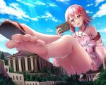  1girl absurdres barefoot blue_sky cloud flower giant giantess hair_between_eyes hair_flower hair_ornament highres house numaguro_(tomokun0808) open_mouth original outdoors pink_eyes pink_hair sandals sandals_removed short_hair sky smile solo wet 