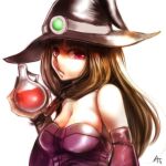  1girl at2. bangs bare_shoulders blunt_bangs breasts brown_hair cleavage closed_mouth detached_sleeves expressionless hat large_breasts long_hair looking_at_viewer minecraft potion purple_eyes solo witch witch_(minecraft) witch_hat 