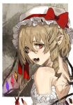 1girl :d adapted_costume bare_shoulders blonde_hair crystal drill_hair flandre_scarlet from_behind hair_between_eyes hat highres hiranko light_blush looking_at_viewer looking_back mob_cap one_side_up red_eyes simple_background sketch smile solo tareme teeth touhou wings 