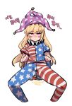  1girl american_flag american_flag_legwear american_flag_print american_flag_shirt bangs blonde_hair blush_stickers bright_pupils closed_mouth clothes_lift clownpiece covered_nipples eyebrows_visible_through_hair flag_print frown furrowed_brow hat highres jester_cap korean_text lifted_by_self long_hair looking_at_viewer neck_ruff no_wings nyong_nyong pee peeing peeing_self pink_eyes polka_dot polka_dot_headwear purple_headwear shirt_lift short_sleeves simple_background sitting solo spread_legs star_(symbol) star_print striped touhou translation_request white_background 