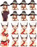  2girls absurdres at2. bare_shoulders black_headwear breasts brown_hair cleavage collarbone expressions eyebrows_visible_through_hair grey_eyes hat highres large_breasts looking_at_viewer minecraft mooshroom multiple_girls personification potion purple_eyes short_hair white_hair witch_(minecraft) witch_hat 