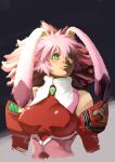  animal_ears breasts closed_mouth detached_sleeves dyed_bangs green_eyes highres long_hair loveyama pink_hair rabbit_ears seraphita_(xenogears) simple_background solo xenogears 