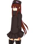  1girl absurdres ander_(at2.) at2. black_legwear black_skirt brown_hair closed_mouth enderman expressionless eyebrows_visible_through_hair garter_straps highres long_hair long_sleeves looking_at_viewer minecraft personification purple_eyes skirt solo thighhighs very_long_hair 