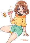  1girl :d baozi brown_eyes brown_hair creature delicious_party_precure dragon food green_shorts hair_rings hanamichi_ran heart holding holding_food jewelry looking_at_viewer mem-mem_(precure) necklace open_mouth precure sabum shirt short_hair shorts simple_background smile watch white_background wristwatch yellow_shirt 