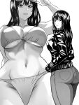  ass bikini black_gloves black_hair black_jacket breasts daraz18aka death_note denim eyewear_on_head gloves highres holding holding_eyewear jacket jeans large_breasts medium_hair misora_naomi monochrome pants simple_background sunglasses swimsuit tagme 