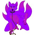  absurd_res anthro balls canid canine collar colored_nails fox genitals glitch_(character) hand_on_hip hi_res kneeling lead male mammal markings multi_tail nails penis penis_tip presenting presenting_penis purple_body red_eyes red_markings red_nails red_penis shape_shifter sharkins solo solo_focus tongue tongue_out 