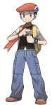  1boy absurdres backpack bag black_hair bracelet closed_mouth full_body grey_eyes grey_pants hat highres jewelry lucas_(pokemon) male_focus official_art orange_headwear orange_scarf pants pokemon pokemon_(game) pokemon_dppt poketch scarf shoes short_hair short_sleeves smile solo standing sugimori_ken watch wristwatch yellow_bag 