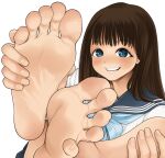  1girl akebi-chan_no_serafuku akebi_komichi bangs barefoot blue_eyes blush brown_hair eyebrows_visible_through_hair feet foot_focus foreshortening hand_on_own_foot hands_on_feet highres long_hair looking_at_viewer open_mouth rg_(gumin) sailor_collar school_uniform simple_background smile soles solo teeth toes white_background 