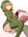  1girl ass at2. bangs black_gloves blonde_hair closed_mouth commentary_request creeparka creeper cupa_(at2.) eyebrows_visible_through_hair feet_out_of_frame gloves green_hoodie green_legwear green_panties highres holding hood hood_up hoodie long_sleeves minecraft no_pants panties personification shaded_face short_hair_with_long_locks sidelocks simple_background smile solo thighhighs tnt underwear white_background yellow_eyes 