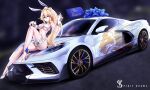  1girl animal_ears artist_name artoria_pendragon_(fate) artoria_pendragon_(swimsuit_ruler)_(fate) bangs bare_shoulders bikini blurry blurry_background breasts car car_keys chevrolet chevrolet_corvette cleavage closed_mouth crown english_commentary english_text eyebrows_visible_through_hair eyelashes fake_animal_ears fate/grand_order fate_(series) frilled_straps full_body gift gold_trim green_eyes ground_vehicle hair_between_eyes high_heels high_ponytail highres knee_up large_breasts lion_print long_hair motor_vehicle navel playboy_bunny shiny shiny_hair shiny_skin smile solo spiritdraws_x split_mouth spread_legs swimsuit thigh_strap thighs tiara white_bikini white_footwear wrist_cuffs 