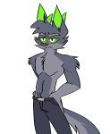  2020 anthro bottomwear brown_nose canid canine clothing fox fur green_eyes grey_body grey_fur hand_in_pants hi_res horn jaybeyyy male mammal pants shirtless simple_background solo white_background 