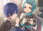  1boy 1girl aqua_eyes aqua_hair bangs black_jacket blue_eyes blue_hair commentary eating fingernails food from_side gekkoukan_high_school_uniform green_sweater hair_between_eyes highres holding holding_food jacket kamo860 looking_at_another open_mouth persona persona_3 school_uniform shirt short_hair smile steam sweater takoyaki tongue turtleneck turtleneck_sweater uniform upper_body white_shirt yamagishi_fuuka yuuki_makoto 