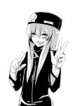  1girl ander_(at2.) at2. blush double_v enderman eyebrows_visible_through_hair greyscale highres long_hair looking_at_viewer minecraft monochrome open_mouth personification smile solo teeth upper_teeth v 