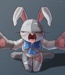  2021 absurd_res anthro bodily_fluids e254e eyes_closed female five_nights_at_freddy&#039;s front_view grey_body hi_res kneeling lagomorph leporid mammal open_mouth rabbit ribbons scottgames simple_background solo tongue tongue_out vanny_(fnaf) video_games 