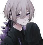  1boy 402_(o0_xxx) absurdres androgynous black_theme braid brown_hair crazy flower gothic highres looking_at_viewer male_focus original pale_skin purple_eyes smile 