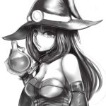  1girl at2. bangs bare_shoulders blunt_bangs breasts cleavage closed_mouth detached_sleeves expressionless greyscale hat large_breasts long_hair looking_at_viewer minecraft monochrome potion solo witch witch_(minecraft) witch_hat 