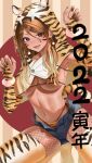  1girl 2022 :d absurdres animal_hood animal_print bikini black_eyes blonde_hair breasts bridal_gauntlets brown_hair chinese_zodiac dark-skinned_female dark_skin earrings fang fishnet_legwear fishnets gradient_hair gyaru hair_between_eyes happy_new_year hear_(kpmf4732) highres hood idolmaster idolmaster_shiny_colors izumi_mei jewelry large_breasts long_hair looking_at_viewer micro_bikini multicolored_hair navel new_year pantyhose paw_pose print_legwear skin_fang smile solo squatting swimsuit thighhighs tiger_hood tiger_print underboob year_of_the_tiger 