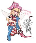  1girl :d american_flag american_flag_legwear american_flag_print american_flag_shirt bangs blonde_hair blush_stickers bright_pupils clothes_lift clownpiece cropped_legs eyebrows_visible_through_hair fairy_wings fire flag_print hat highres holding holding_torch jester_cap korean_text leg_up lifted_by_self long_hair neck_ruff nyong_nyong open_mouth pantyhose pink_eyes pink_fire polka_dot polka_dot_headwear purple_headwear shirt shirt_lift short_sleeves simple_background smile star_(symbol) star_print striped striped_legwear teeth thigh_gap torch touhou translation_request white_background white_pupils wings 